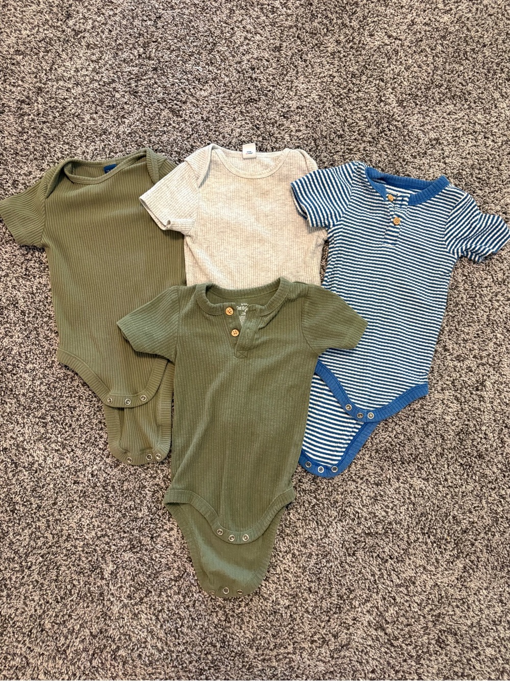 4-Pack Ribbed Short-Sleeve Bodysuit Set — Olive, Cream & Blue Stripe